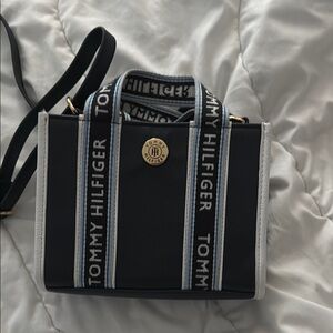 Tommy Hilfiger Black and White Striped Messenger Bag